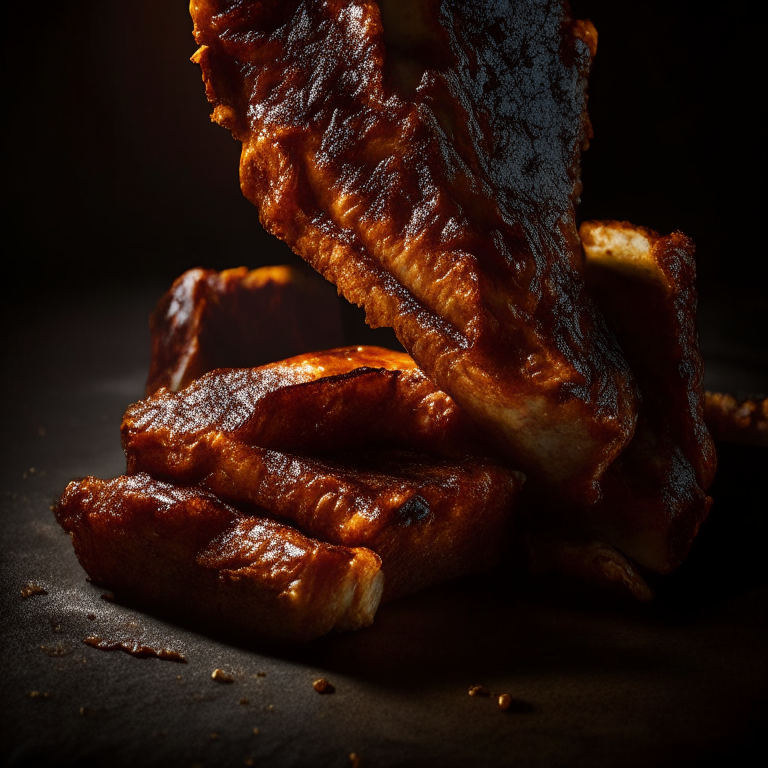 Air Fryer Pork Ribs filling most of the frame, razor-sharp focus on every crack and edge, softbox lighting from the left side at a low angle