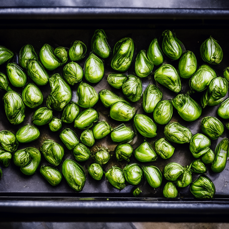 Oven baked Brussels sprouts filling most of the frame in a square metal baking tray, razor-sharp focus on every sprout, natural light from an open window