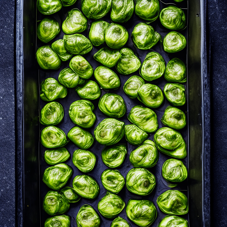 Oven baked Brussels sprouts filling most of the frame in a square metal baking tray, razor-sharp focus on the entire tray of sprouts,  bright, clear studio lighting from directly above