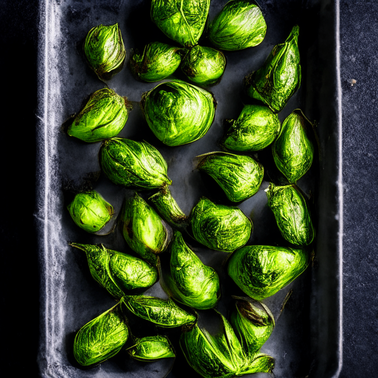 Oven baked Brussels sprouts filling most of the frame in a square metal baking tray, razor-sharp focus on every leaf, softbox lighting from the left side at a low angle