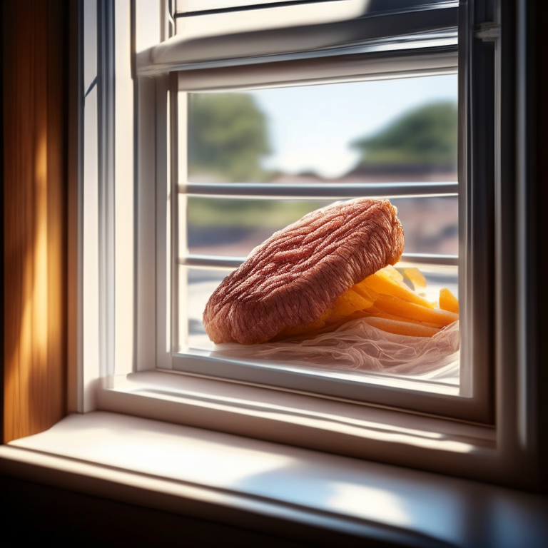 Crispy Air Fryer beef Steak with Fries filling most of the frame, razor-sharp focus on every curve and edge, natural light from an open window