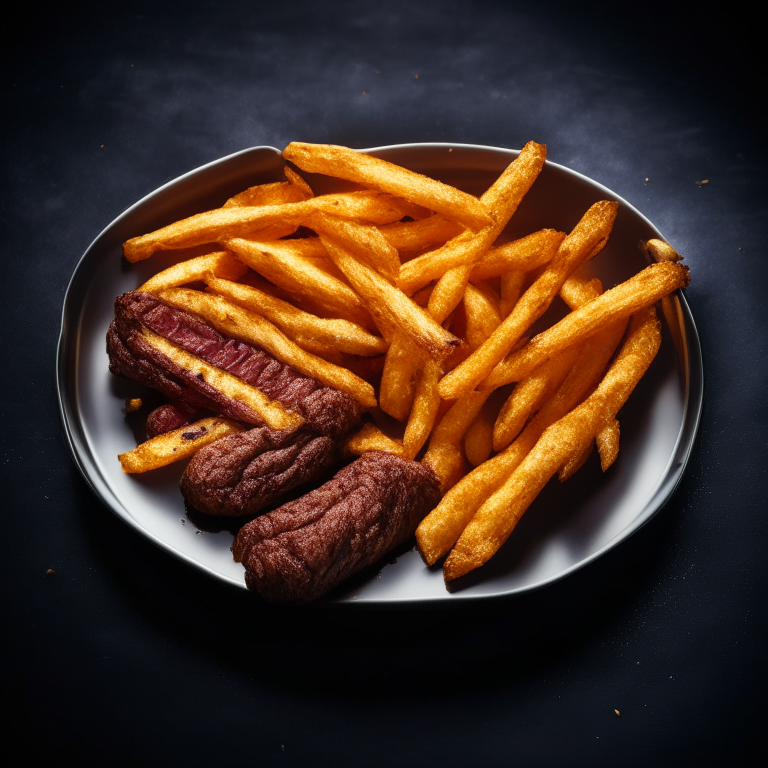 Crispy Air Fryer beef Steak with Fries filling most of the frame, razor-sharp focus on the entire plate,  bright, clear studio lighting from directly above