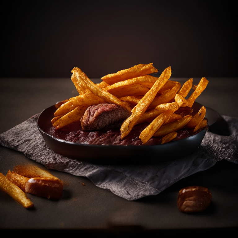 Crispy Air Fryer beef Steak with Fries filling most of the frame, razor-sharp focus on every nook and cranny, softbox lighting from the left side at a low angle