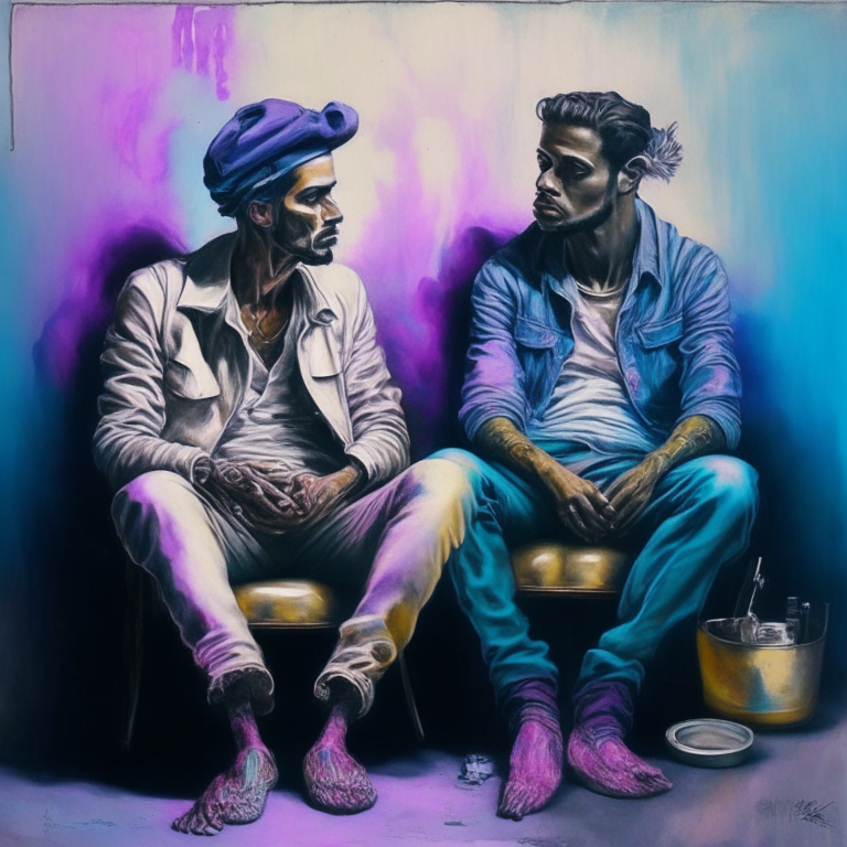 a painting of two men sitting next to each other, an airbrush painting, by Fred Ludekens, instagram, funk art