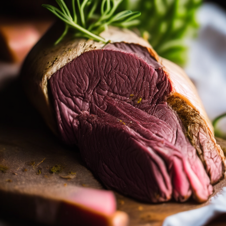 Roasted Garlic Herb Beef Tenderloin filling most of the frame, razor-sharp focus on every crevice and fold, natural light from an open window