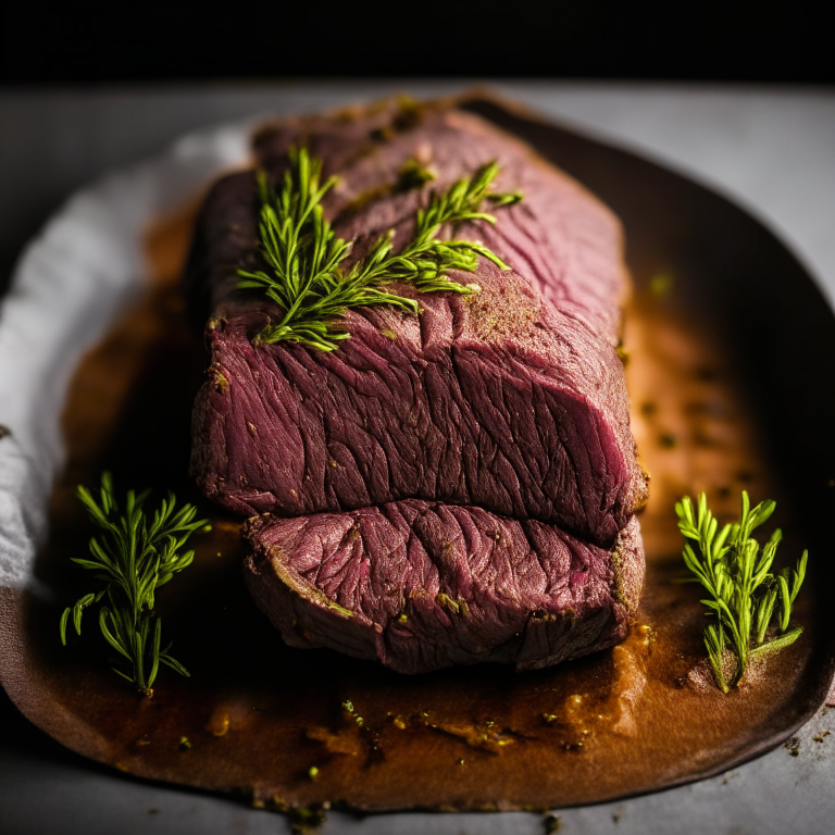 Roasted Garlic Herb Beef Tenderloin filling most of the frame, razor-sharp focus on the entire plate,  bright, clear studio lighting from directly above