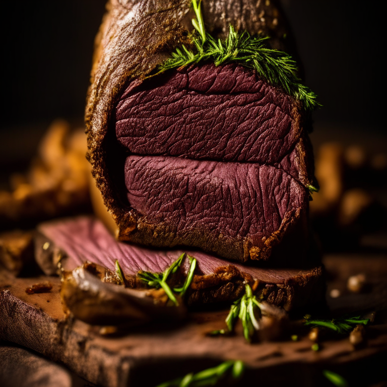 Roasted Garlic Herb Beef Tenderloin filling most of the frame, razor-sharp focus on every nook and cranny, softbox lighting from the left side at a low angle