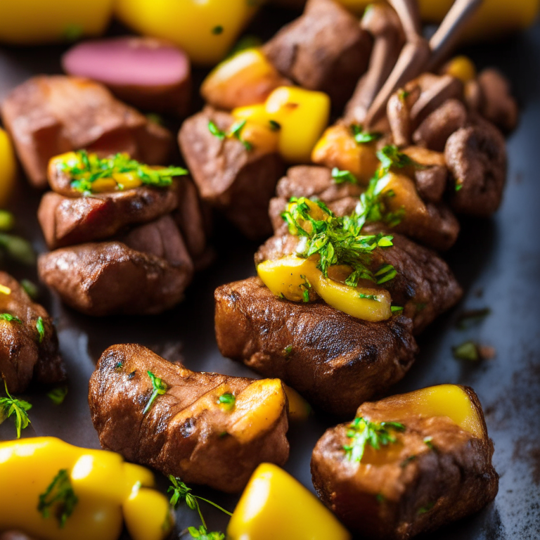 Air Fryer Beef Kabobs with Oven-Baked Garlic Butter Potatoes, bright, clear studio lighting, razor-sharp focus, filling the frame