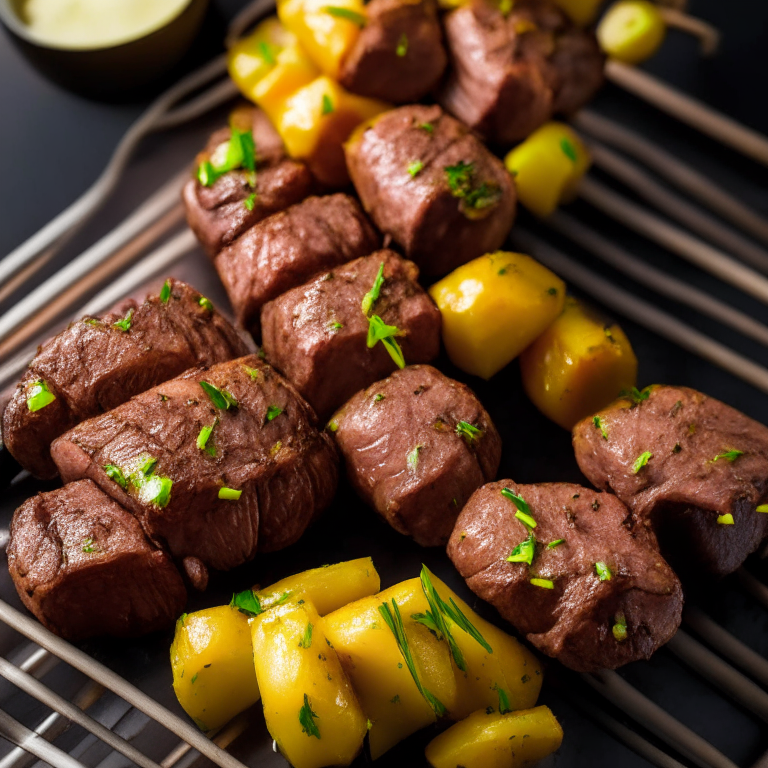 Air Fryer Beef Kabobs with Oven-Baked Garlic Butter Potatoes, bright, clear studio lighting, razor-sharp focus, filling the frame