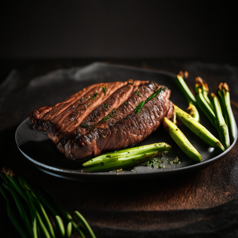 Air Fryer Steak with Oven-Roasted Asparagus, bright, clear studio lighting, razor-sharp focus, filling the frame