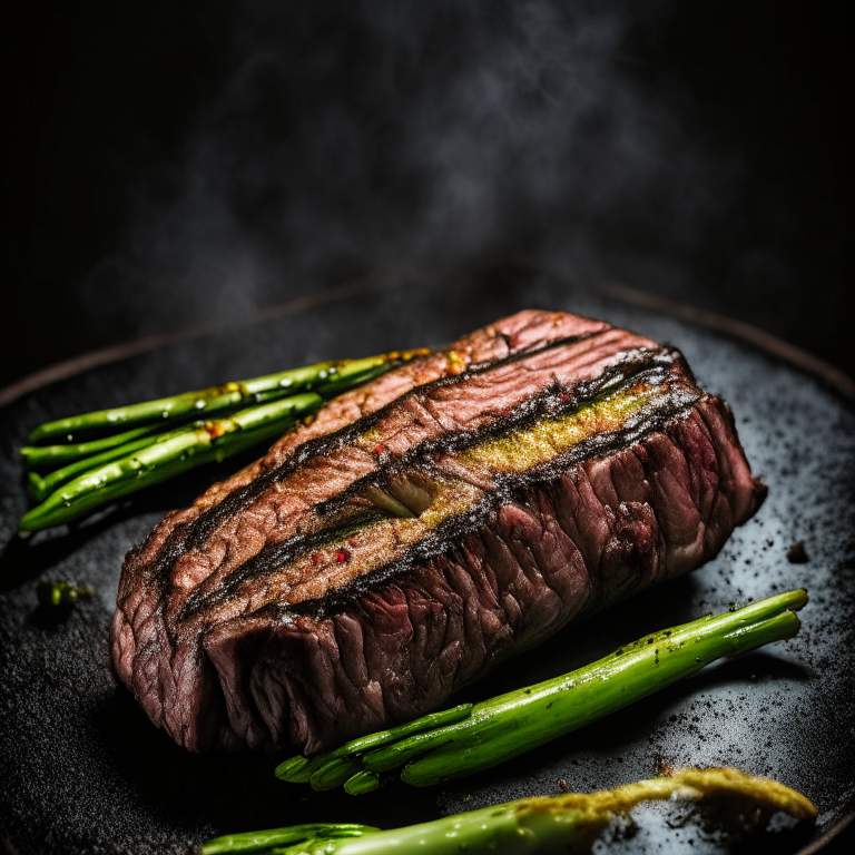 Air Fryer Steak with Oven-Roasted Asparagus, bright, clear studio lighting, razor-sharp focus, filling the frame