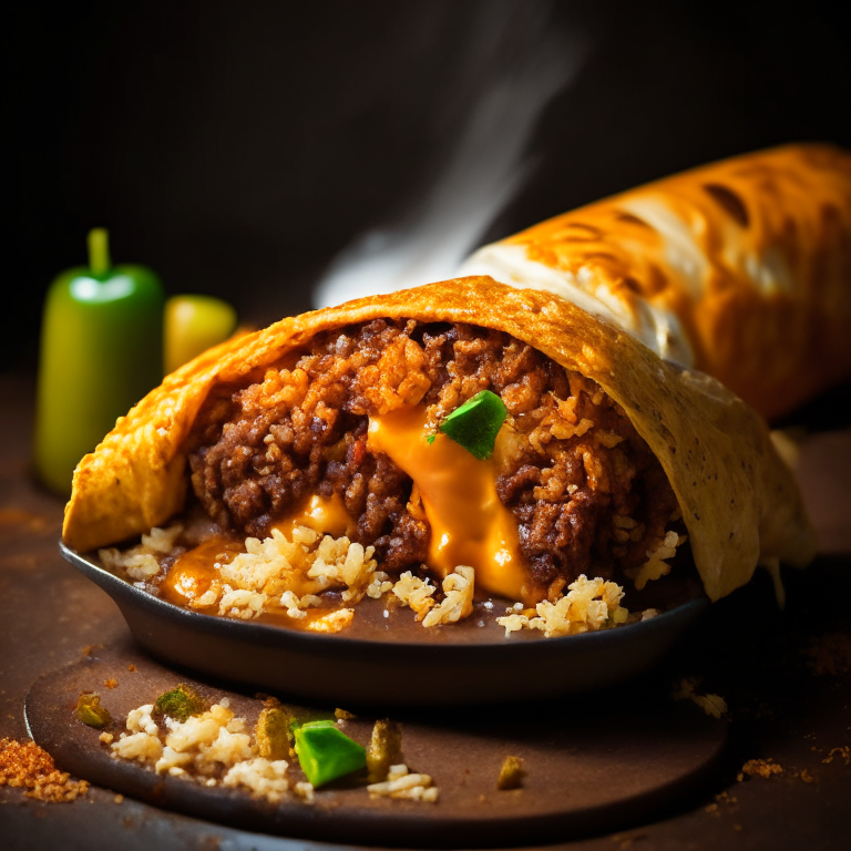 Air Fryer Beef Chimichangas with Oven-Baked Mexican Rice, bright, clear studio lighting, razor-sharp focus, filling the frame