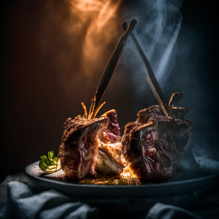 Crispy Air Fryer Lamb Chops, side lit by softbox lights, mid-range aperture, multiple exposures to properly expose the meat and sauce, every part of the lamb chop is in perfect focus