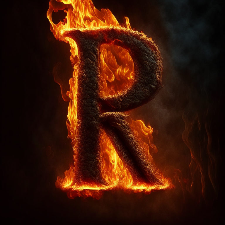 The letter R written in fire
