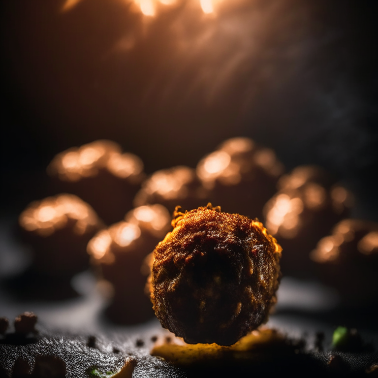 Air Fryer Lamb Meatballs, side lit by softbox lights, mid-range aperture, multiple exposures to properly expose the meatballs, every part of the meatball is in perfect focus