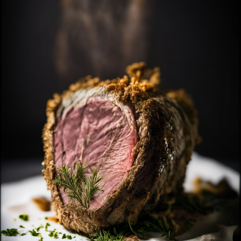 Roasted Herb-Crusted Leg of Lamb, bright, clear studio lighting, razor-sharp focus, filling the frame