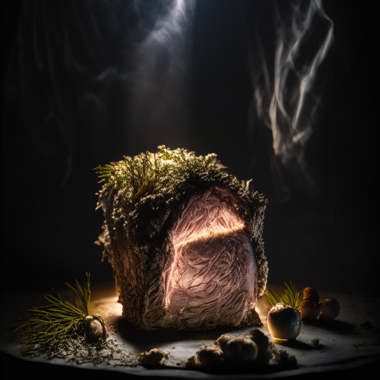 Roasted Herb-Crusted Leg of Lamb, side lit by softbox lights, mid-range aperture, multiple exposures to properly expose the lamb leg, every part of the lamb is in perfect focus