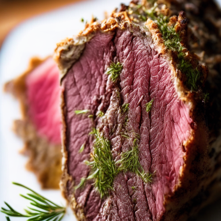 Roasted Herb-Crusted Leg of Lamb, natural light from windows, zooming in to fill the frame with the lamb leg minimizing distractions, razor-sharp focus on the meat