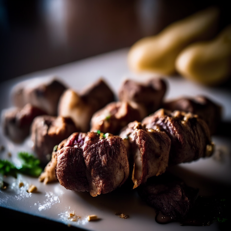 Oven-Baked Lamb Kebabs, natural light from windows, zooming in to fill the frame with the kebabs minimizing distractions, razor-sharp focus on the meat