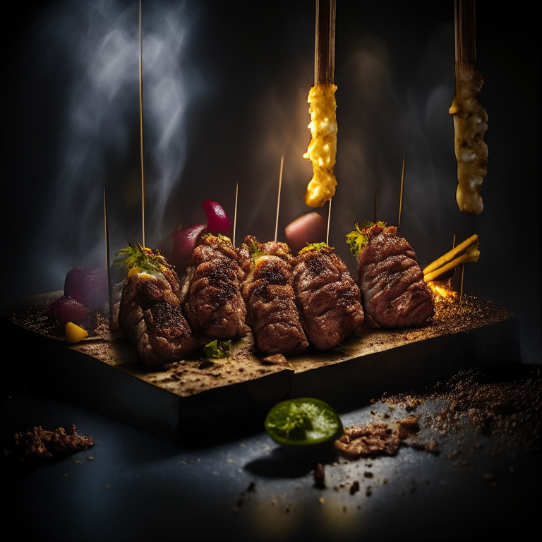 Oven-Baked Lamb Kebabs, side lit by softbox lights, mid-range aperture, multiple exposures to properly expose the kebabs, every part of the kebabs is in perfect focus