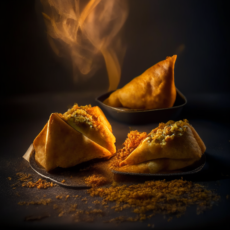 Air Fryer Lamb Samosas with Oven-Baked Cumin Rice Crispy, side lit by softbox lights, mid-range aperture, multiple exposures to properly expose the samosas, every part of the samosas is in perfect focus