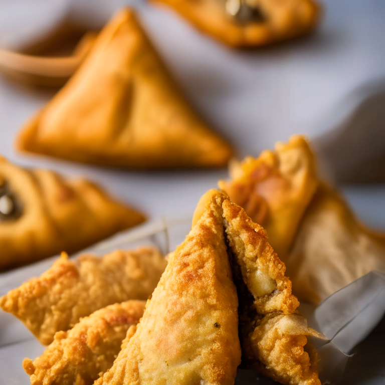 Air Fryer Lamb Samosas with Oven-Baked Cumin Rice Crispy, natural light from windows, zooming in to fill the frame with the samosas minimizing distractions, razor-sharp focus on the pastries