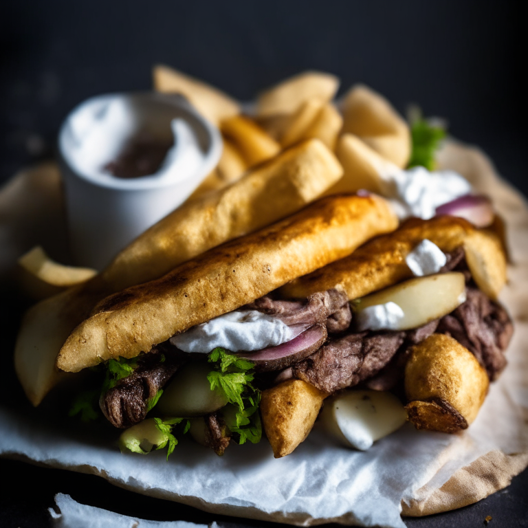 Air Fryer Lamb Gyros with Oven-Roasted Greek Potatoes, bright, clear studio lighting, razor-sharp focus, filling the frame