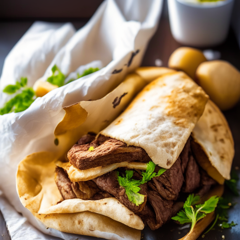 Air Fryer Lamb Gyros with Oven-Roasted Greek Potatoes, natural light from windows, zooming in to fill the frame with the gyros minimizing distractions, razor-sharp focus on the meat and pita