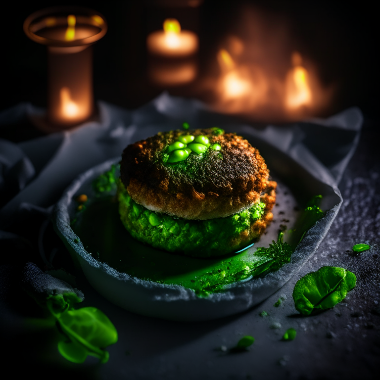 Air Fryer Lamb Patties with Oven-Baked Minted Peas, side lit by softbox lights, mid-range aperture, multiple exposures to properly expose the patties and peas, every part of the dish is in perfect focus