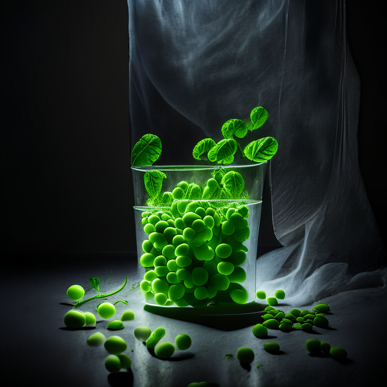 Oven baked minted peas, side lit by softbox lights, mid-range aperture, multiple exposures to properly expose the peas and mint, every part of the peas and mint leaves in perfect focus