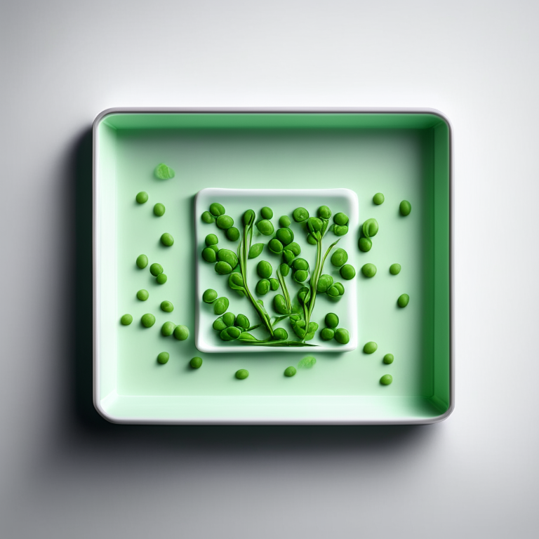 Oven baked minted peas on a square white ceramic tray, bright studio lighting, filling the frame with the peas and mint leaves, razor sharp focus on the peas