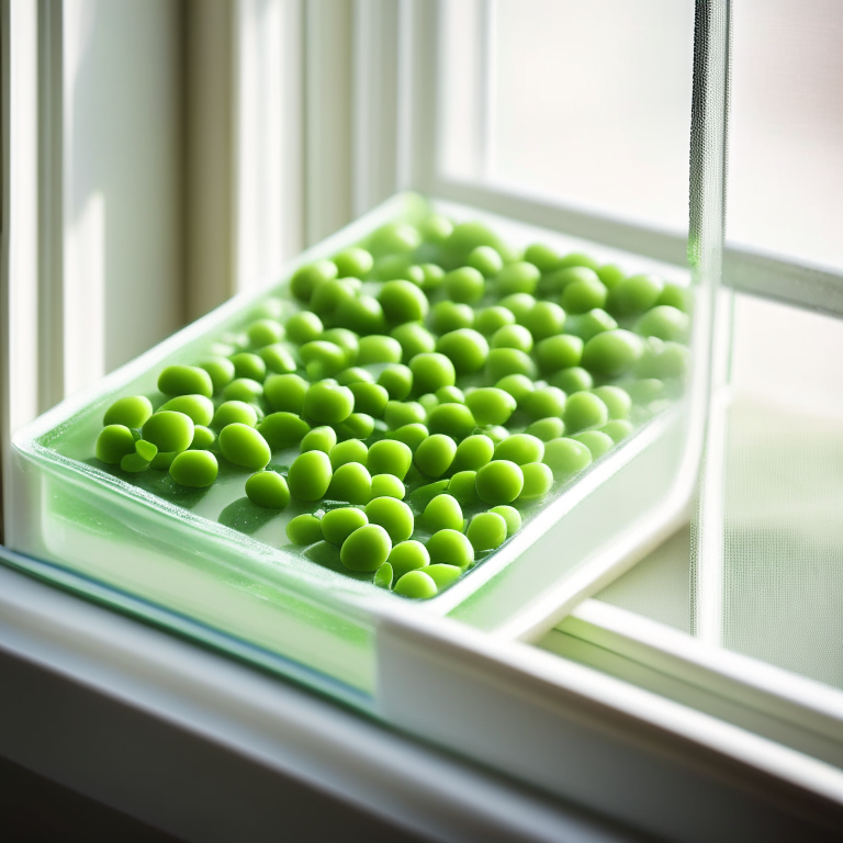 Oven baked minted peas on a square white ceramic tray, natural light from a window, zoomed in to fill the frame, razor sharp focus on the peas and mint leaves