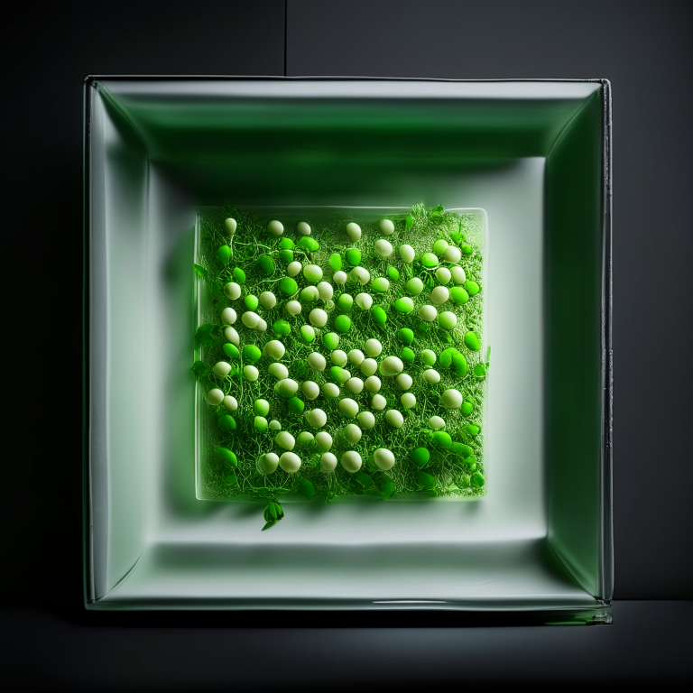 Oven baked minted peas on a square white ceramic tray, side lit by softbox lights, mid-range aperture, multiple exposures to properly expose the peas and mint, every part of the peas and mint leaves in perfect focus