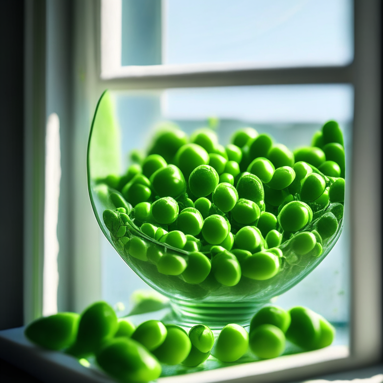 Oven baked minted peas, zoomed in to minimize the plate and background, natural light from a window, razor sharp focus on every part of the peas and mint leaves