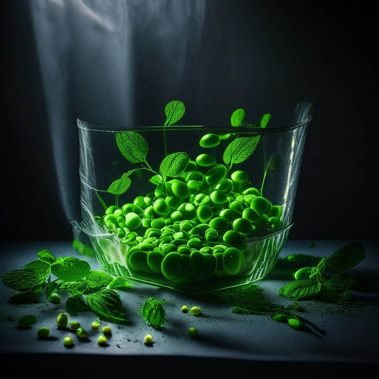 Oven baked minted peas, side lit with softbox lights, mid-range aperture, multiple exposures to properly expose the peas and mint, razor sharp focus on every part of the peas and mint leaves