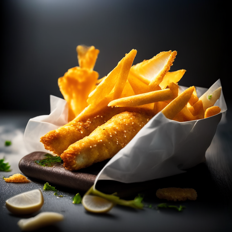 Crispy air fryer fish and chips filling most of the frame,  bright, clear studio lighting, razor sharp focus so every part of the fish and chips are in focus