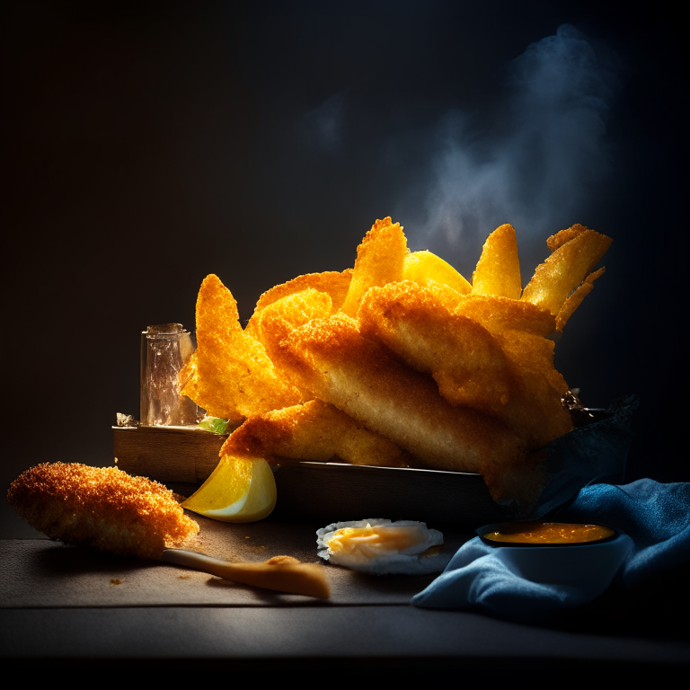 Crispy air fryer fish and chips, side lit with softbox lights, mid-range aperture, multiple exposures to properly expose the fish and chips, razor sharp focus on every part of the fish and chips