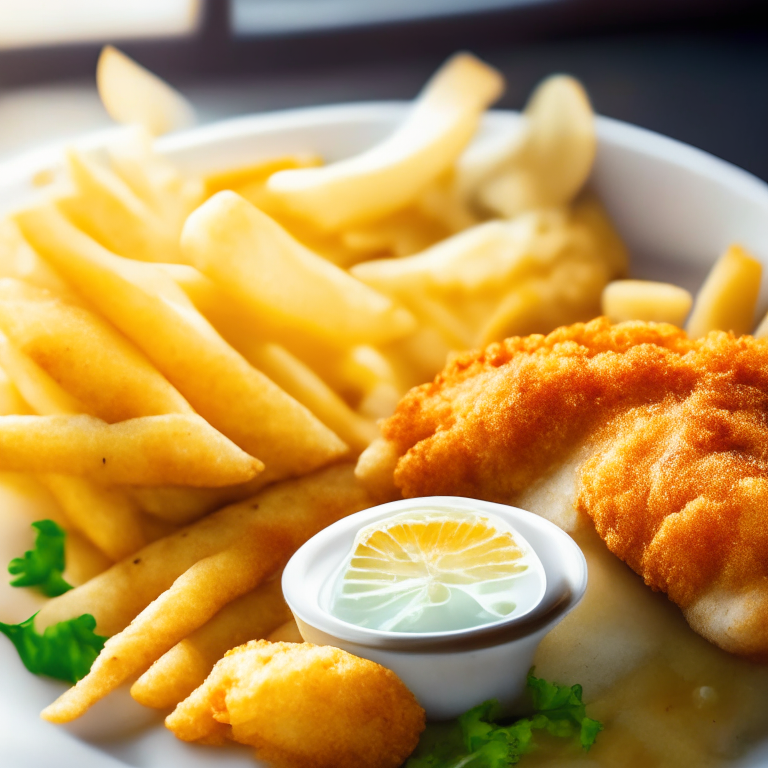 Crispy air fryer fish and chips, zoomed in to minimize the plate and background, natural light from a window, razor sharp focus on every part of the fish and chips