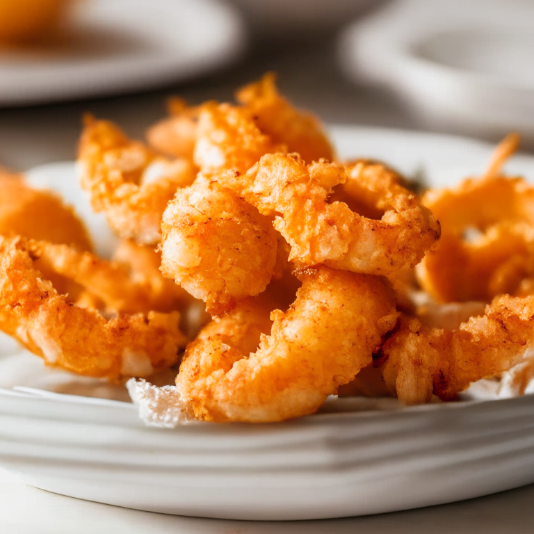 Air Fryer Coconut Shrimp, zoomed in to minimize the plate and background, natural light from a window, razor sharp focus on every part of the shrimp