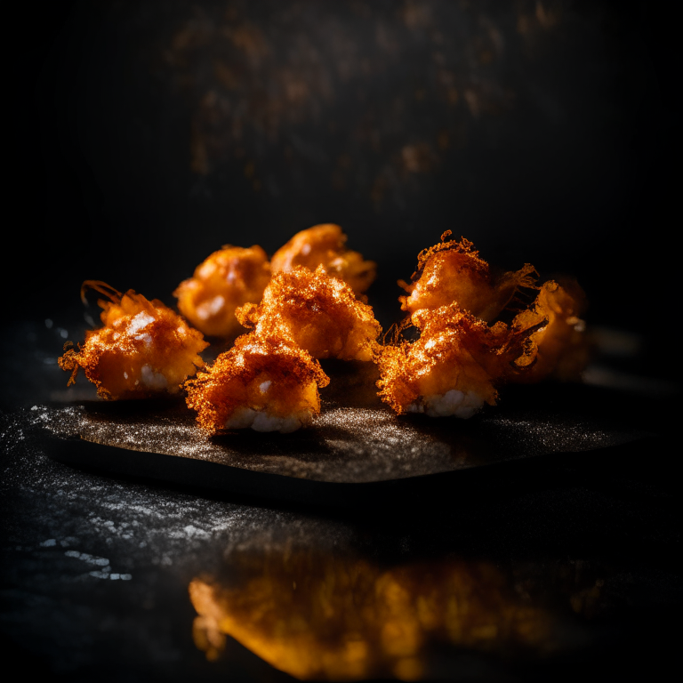 Air Fryer Coconut Shrimp, side lit with softbox lights, mid-range aperture, multiple exposures to properly expose the shrimp, razor sharp focus on every part of the shrimp