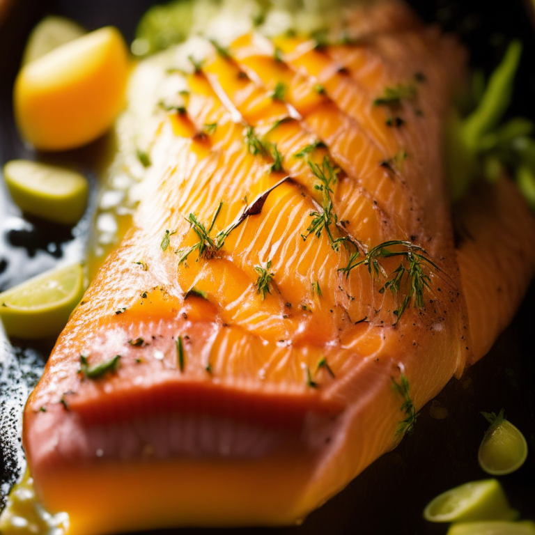 Oven-Baked Lemon Garlic Salmon filling most of the frame,  bright, clear studio lighting, razor sharp focus so every part of the salmon is in focus