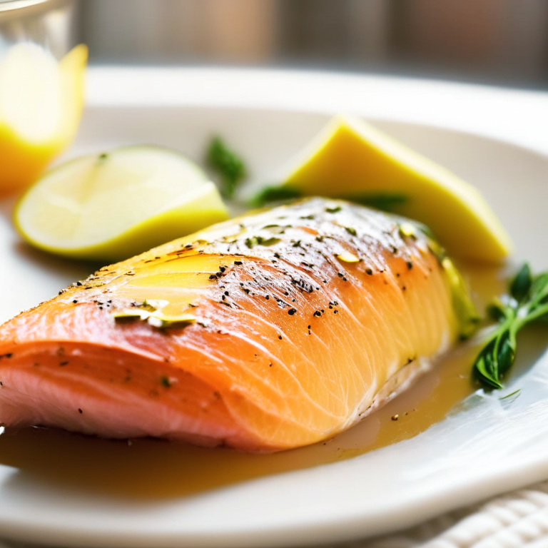 Oven-Baked Lemon Garlic Salmon, zoomed in to minimize the plate and background, natural light from a window, razor sharp focus on every part of the salmon