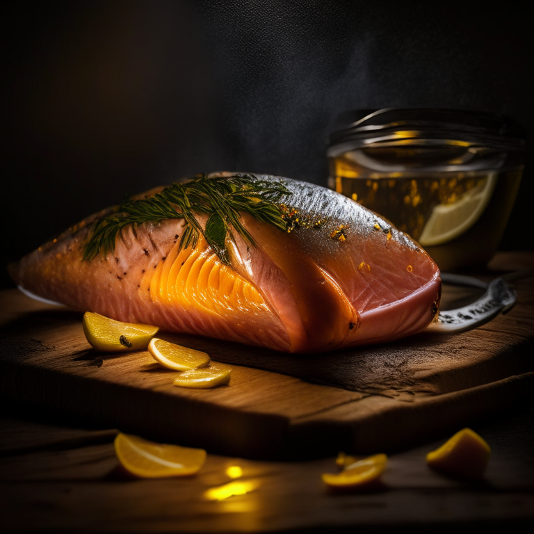 Oven-Baked Lemon Garlic Salmon, side lit with softbox lights, mid-range aperture, multiple exposures to properly expose the salmon, razor sharp focus on every part of the salmon