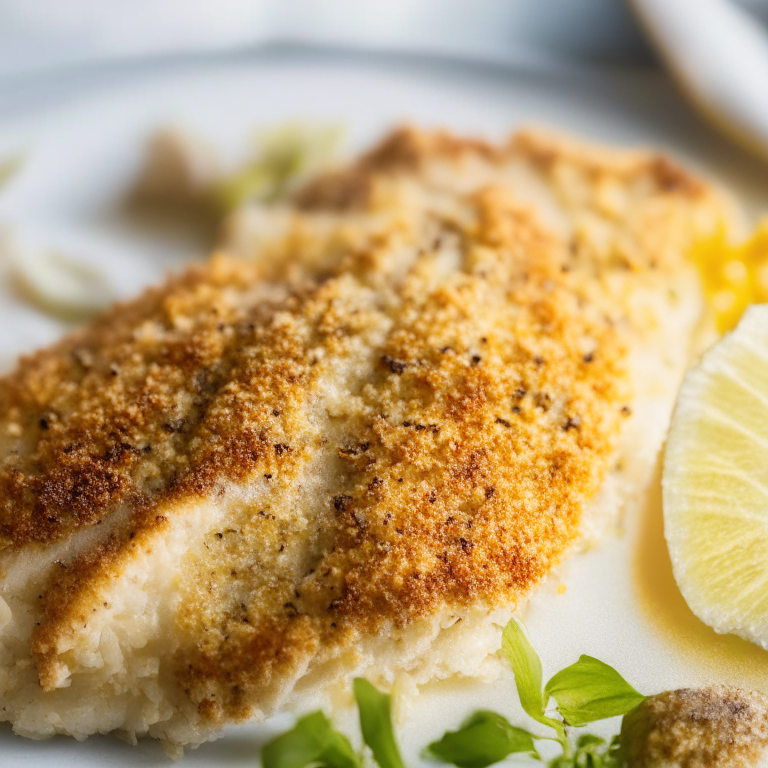 Baked Parmesan Crusted Tilapia, zoomed in to minimize the plate and background, natural light from a window, razor sharp focus on every part of the tilapia