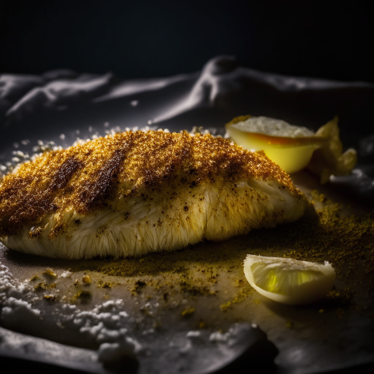 Baked Parmesan Crusted Tilapia, side lit with softbox lights, mid-range aperture, multiple exposures to properly expose the tilapia, razor sharp focus on every part of the tilapia