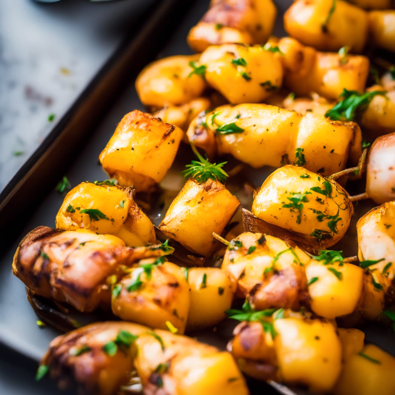 Air Fryer Shrimp Skewers with Oven-Baked Herb Roasted Potatoes filling most of the frame,  bright, clear studio lighting, razor sharp focus so every part of the dish is in focus