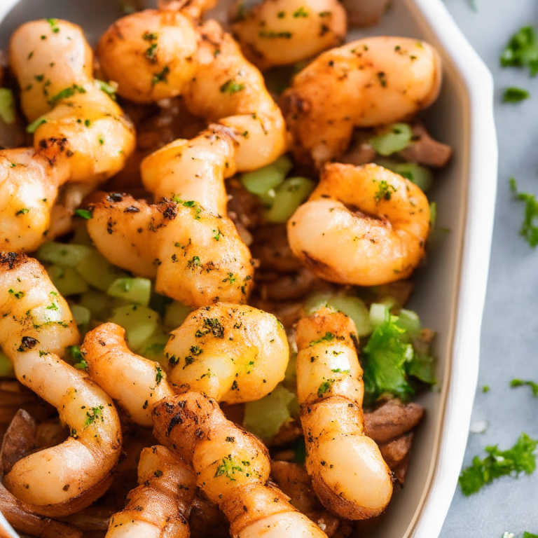 Air Fryer Shrimp Skewers with Oven-Baked Herb Roasted Potatoes, zoomed in to minimize the plate and background, natural light from a window, razor sharp focus on every part of the shrimp and potatoes