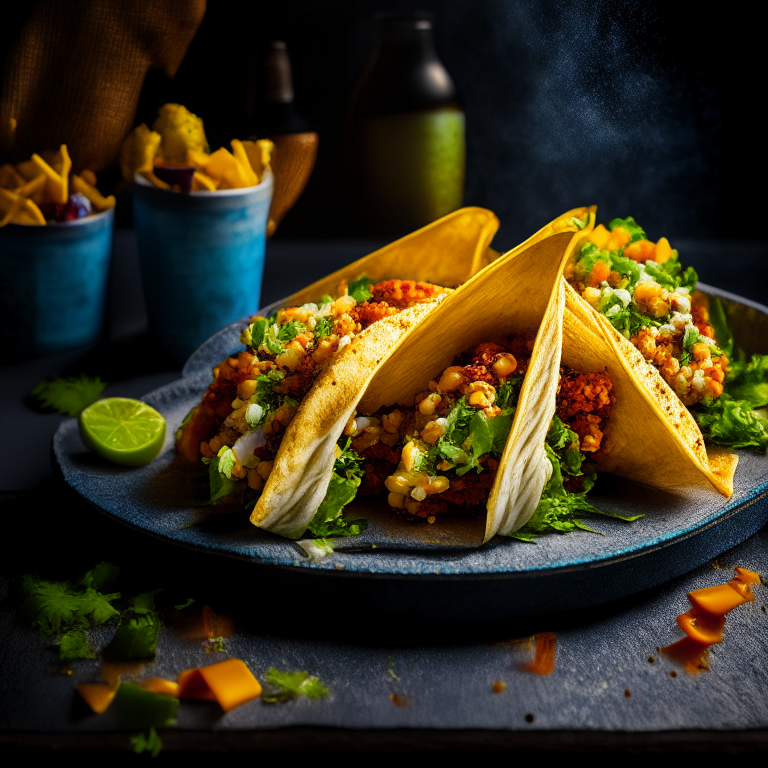 Air Fryer Fish Tacos with Oven-Baked Mexican Street Corn, side lit with softbox lights, mid-range aperture, multiple exposures to properly capture the tacos, fish, sauce, and corn