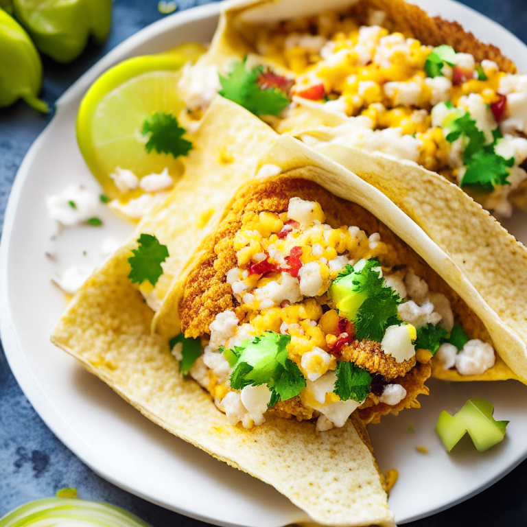 Air Fryer Fish Tacos with Oven-Baked Mexican Street Corn, zoomed in to minimize the plate and background, natural light from a window, razor sharp focus on every part of the tacos and corn