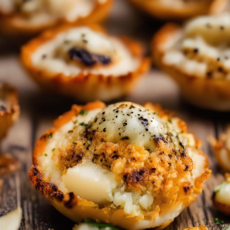 Air Fryer Seafood Stuffed Mushrooms with Oven-Baked Garlic Butter Scallops Crispy filling most of the frame,  bright, clear studio lighting, razor sharp focus so every part of the dish is in focus